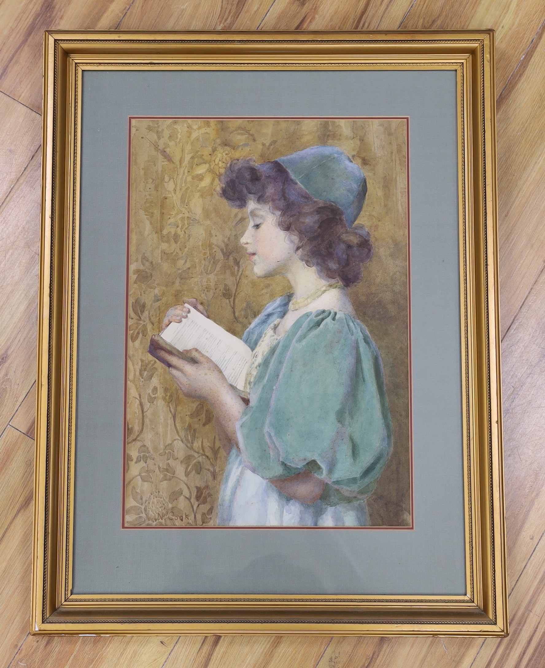 N. Cook, watercolour, Portrait of a girl reading a book, signed, 51 x 35cm